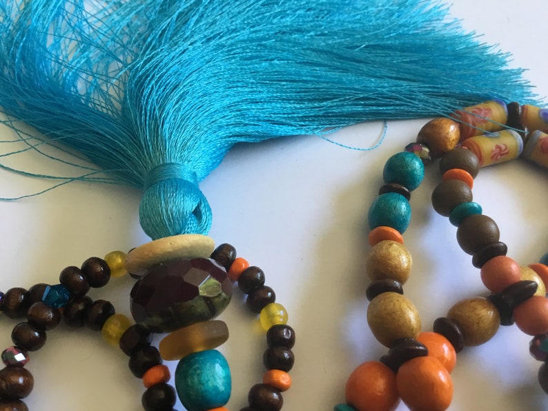 Turquoise blue pompom long necklace, brown Czech bead, wood, beige, brown, yellow, turquoise orange, boho chic long necklace, unique image 8