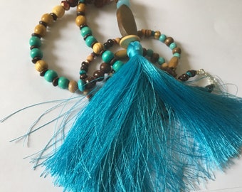 Collier sautoir pompon Bleu turquoise, perle bois vintage turquoise, bois, beige, marron, bleu turquoise, sautoir bohème chic pompon unique