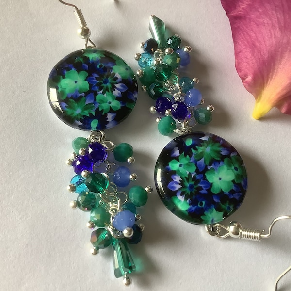 Boucles d oreilles superbe cabochon bleu turquoise marine et vert , bohème chic, argenté, modèle unique artisanat,  cadeau fêtes des mères