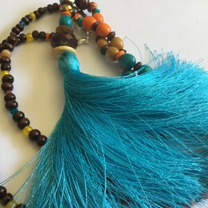 Turquoise blue pompom long necklace, brown Czech bead, wood, beige, brown, yellow, turquoise orange, boho chic long necklace, unique image 1