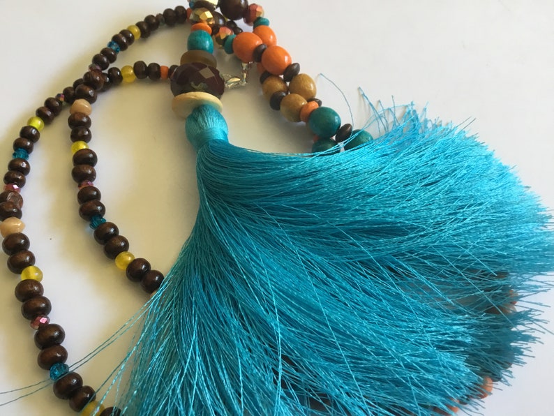 Turquoise blue pompom long necklace, brown Czech bead, wood, beige, brown, yellow, turquoise orange, boho chic long necklace, unique image 1