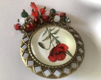 Pretty white, red, green poppies brooch, retro vintage, bronze tone metal, boho Czech white red beads, unique, gift brooch