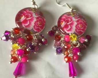 Boucles d oreilles roses superbe cabochon fleur rose, mauve, bohème chic, argenté, modèle unique artisanat, boucles cadeau  fêtes des mères