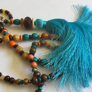 Turquoise blue pompom long necklace, brown Czech bead, wood, beige, brown, yellow, turquoise orange, boho chic long necklace, unique image 7