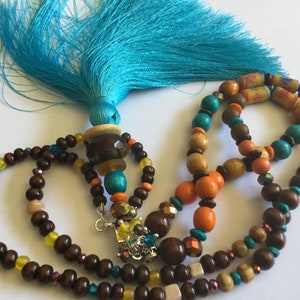 Turquoise blue pompom long necklace, brown Czech bead, wood, beige, brown, yellow, turquoise orange, boho chic long necklace, unique image 5