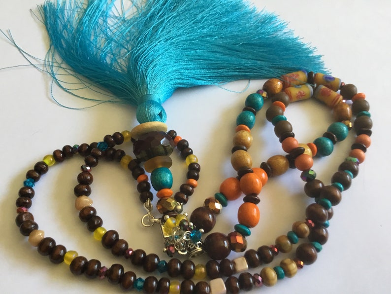 Turquoise blue pompom long necklace, brown Czech bead, wood, beige, brown, yellow, turquoise orange, boho chic long necklace, unique image 5