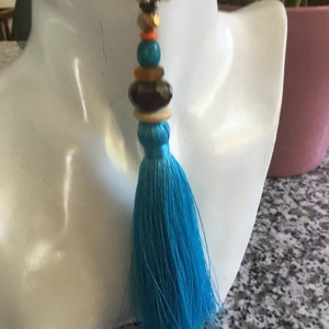 Turquoise blue pompom long necklace, brown Czech bead, wood, beige, brown, yellow, turquoise orange, boho chic long necklace, unique image 2