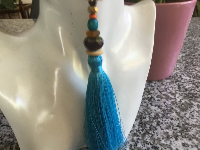 Turquoise blue pompom long necklace, brown Czech bead, wood, beige, brown, yellow, turquoise orange, boho chic long necklace, unique image 2
