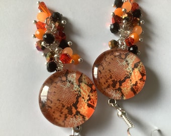 Boucles d oreilles noir orangé superbe cabochon animal, bohème chic argenté, modèle unique fait main, tendance boucles cadeau fête des mères