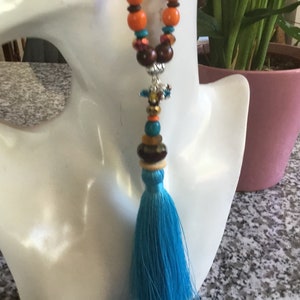 Turquoise blue pompom long necklace, brown Czech bead, wood, beige, brown, yellow, turquoise orange, boho chic long necklace, unique image 3