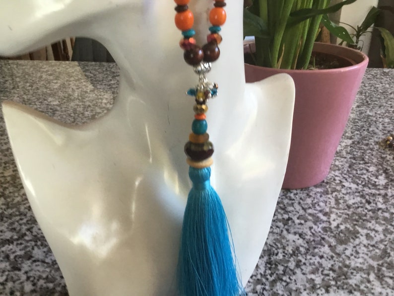 Turquoise blue pompom long necklace, brown Czech bead, wood, beige, brown, yellow, turquoise orange, boho chic long necklace, unique image 3
