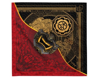 May include: A black and gold bandana with a Japanese-inspired design. The bandana features a stylized mask, waves, and a circle with a Japanese character in the center. The bandana is on a black background.