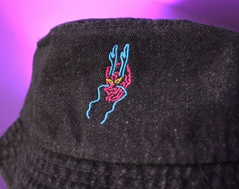 Metal Dragon Co Neon Light Bucket Hat | Hong Kong | Neon Light | Chinese Zodiac | Black Denim | Vintage Asian Inspired | Summer | Streetwear