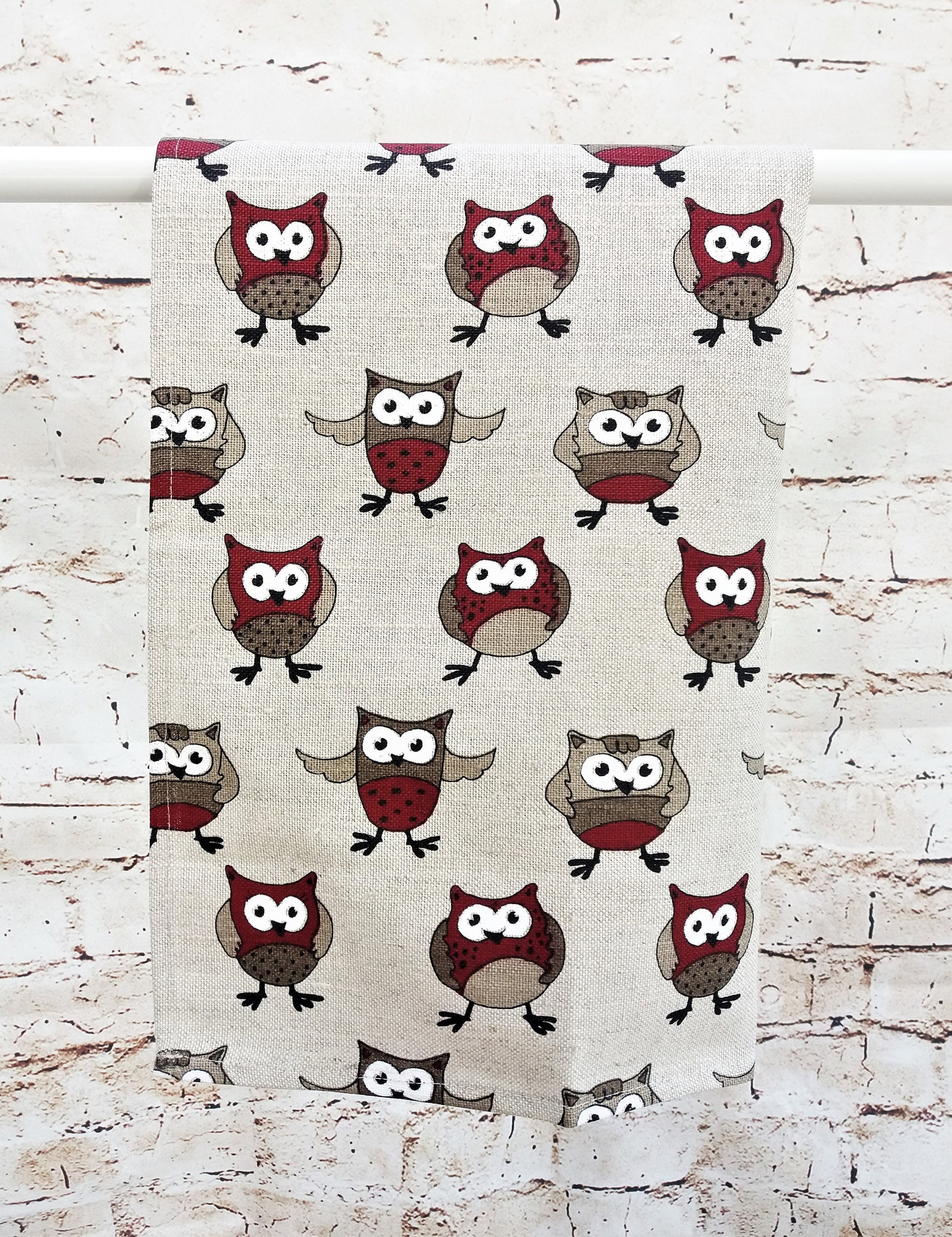 Handmade Linen Cotton Happy Owls Design Tea Towel Kitchen Towels Dish Towel. Etsy UK