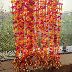 50 pc Pom Pom Artificial Marigold Garland POM POM  Garlands With Bell For Wedding mahendi  Wall Hanging Home Decoration