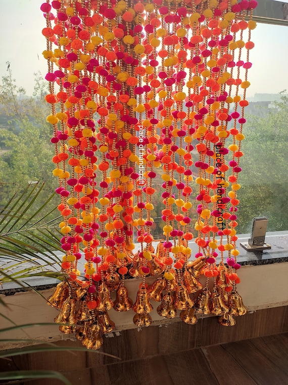 50 pc Pom Pom Artificial Marigold Garland POM POM  Garlands With Bell For Wedding mahendi  Wall Hanging Home Decoration