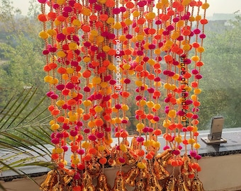 50 Piece FREE SHIPING Pom pom Wedding Backdrop Decor Bell ,Garlands Indian Handmand Bell String , Indian Wedding Mehndi Sangeet HOME Decor,