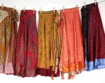 Faldas de seda indias, falda de seda vintage hecha a mano, faldas boho, faldas sari envolventes, faldas de verano mujeres hippie