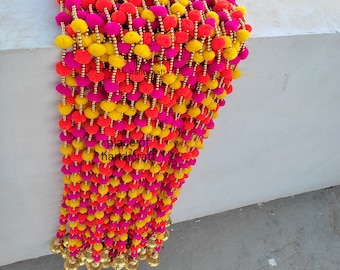 50 Piece  Pom pom Wedding Backdrop Decor Bell String,Indian Handmand Bell Garlands, Indian Wedding Mehndi Sangeet Haldi party Decor
