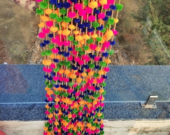 Set of 10 Multicolor Pom pom Wedding Backdrop Decor Bell String,Indian Handmand Bell Garlands, Indian Wedding Mehndi Sangeet Haldi Decor,