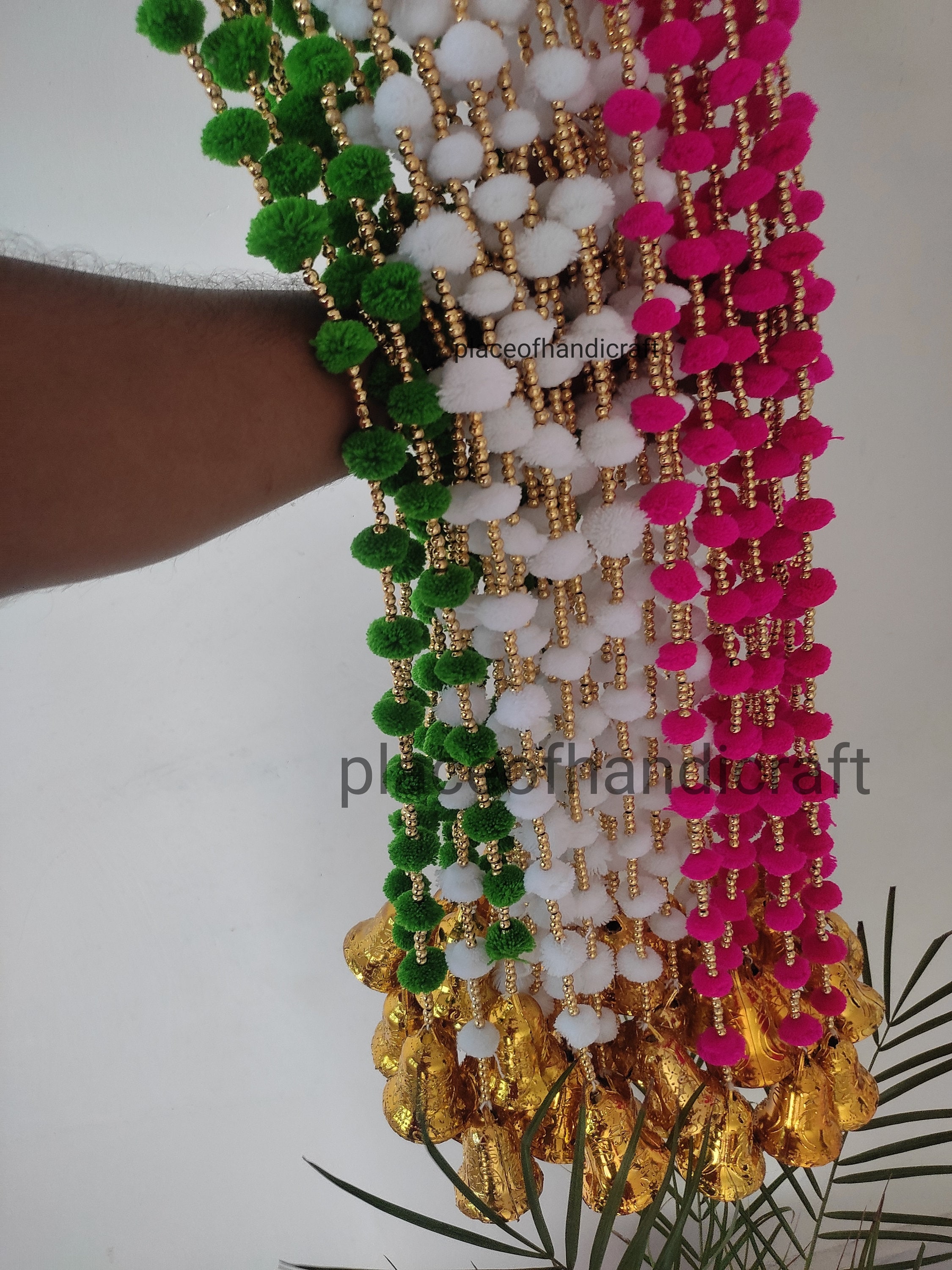 50 Pc Pom Pom Bell String Garland for Decor Pom Pom Bells Christmas ...
