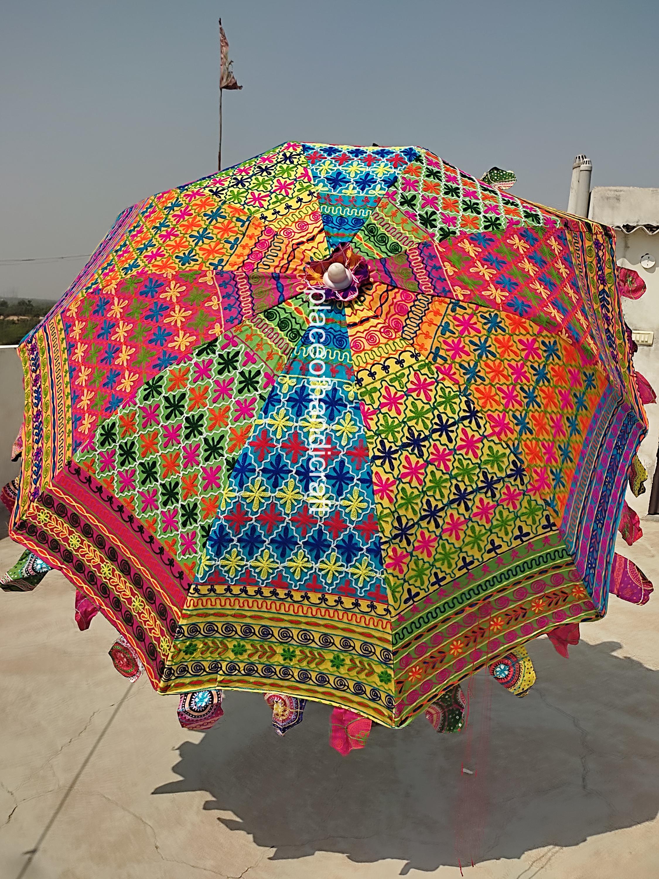 Indian peacock Vintage Garden Decorative Sun Shade Large Umbrella Cotton Outdoor Parasol Designer Embroidered Cotton Garden Large Umbrella