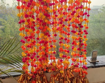 50 Pcs Indian Pom Pom String Wedding Party Decoration, Garland with Bells Indian Wedding Diwali Decor