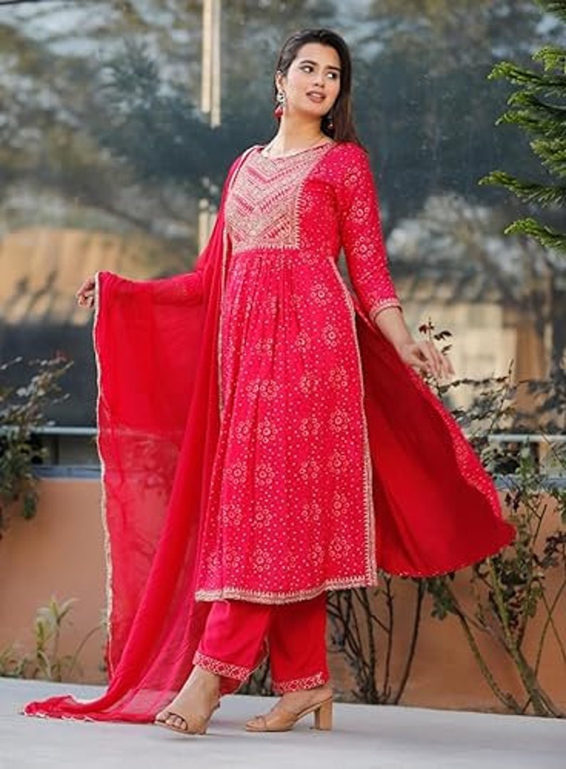 Women Viscose Rayon Kurta Pant Dupatta Setlong Flared Slit Kurti Pant 