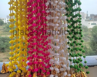 50 pc mix color Pom Pom Garland  Garlands Wedding Wall Hanging  With Bell For Home HALDI  Decoration
