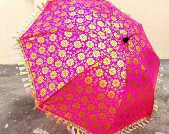 Parapluie de fête, 5 parapluies, décoration de mariage, tissu en soie imprimé doré, décoration de mariage, décoration indienne Mehndi, parapluies