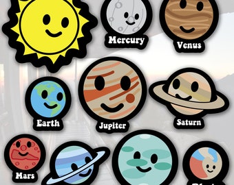 Solar System Vinyl Stickers, Cute Planets and Pluto (Waterproof, Multiple Sizes)