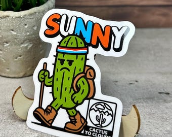Sunny the Hiking Cactus Sticker.  [Weatherproof Vinyl Decal, 3x2.5"]