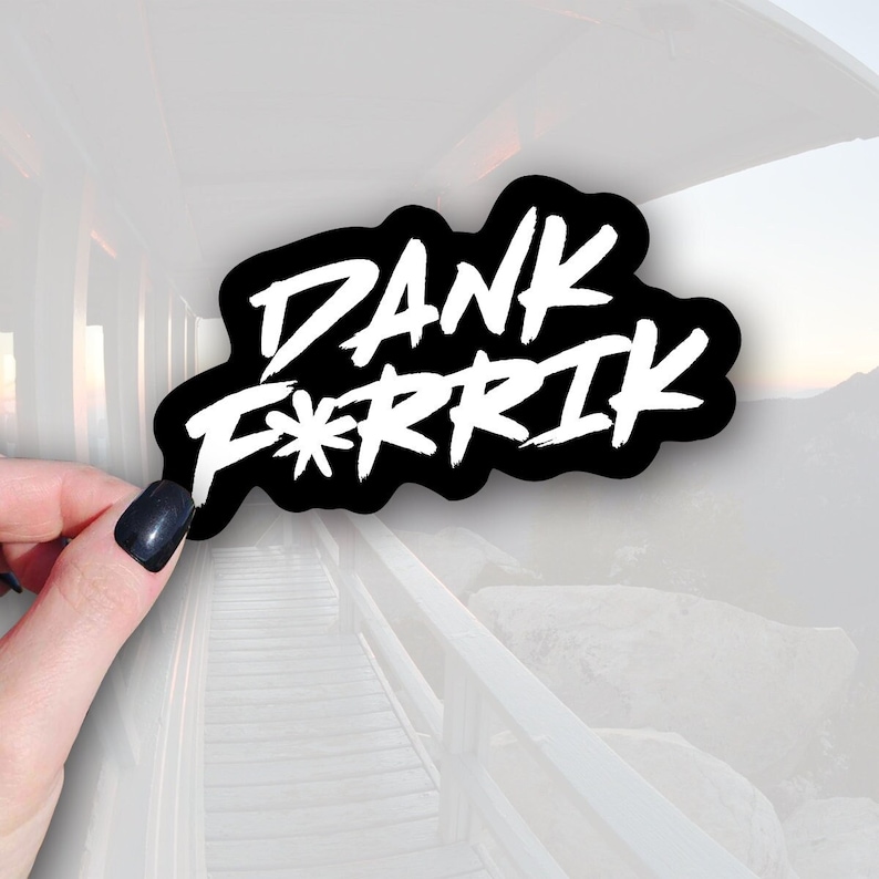Sticker of text that says Dank Farrik in white with black background from Star Wars The Mandalorian
