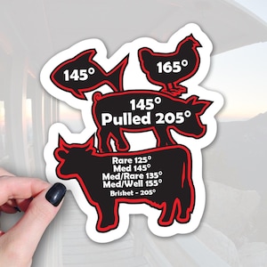 Meat Temperature Guide Sticker, BBQ Style (Waterproof 3.5x2.5in)