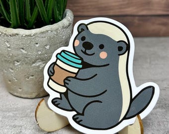 Honey Badger Vinyl Sticker, Cute Coffee Design [Waterproof decal, 3x3 inches]