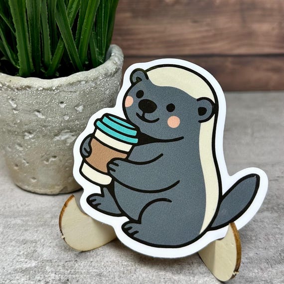 Honey Badger Vinyl Sticker, Cute Coffee Design [Waterproof decal, 3x3 inches]