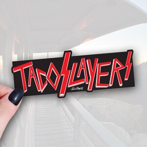Funny Taco Sticker, Rock n Roll Slayer Design (Waterproof 4in x 1.6in)
