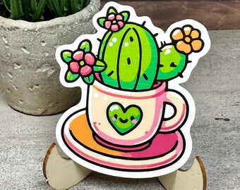 Cute Cactus Coffee Mug Sticker: Waterproof Vinyl Decal for Laptops & Tumblers