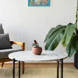 May include: An abstract painting in a teal frame hangs above a round marble-topped coffee table with black metal legs. A small potted plant sits on the table. A gray armchair and a large potted plant are also in the room.