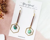 Hexagon Drop Earrings, Turquoise and Copper ( Turquoise Metallic Modern Southwestern Drop Geometric Earring for Everyday with Stone )