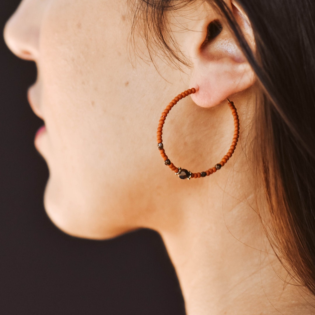 Rust Colored Earrings Beaded Hoop Earrings Rustic Bohemian Etsy UK