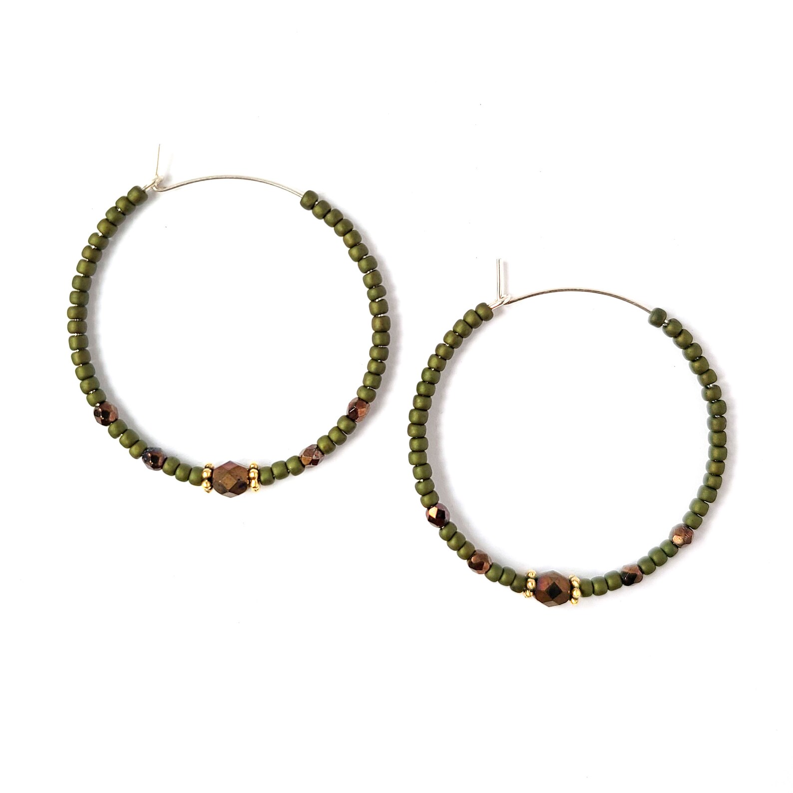 Army Green Hoop Earrings Sterling Silver Beaded Hoops Dark Etsy