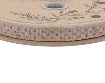 Linen ribbon - 10 mm wide polka dot ribbon - beige ribbon with orange polka dots