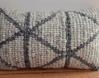 Wool Knit "X" Pattern Lumbar Pillow in Taupe and Dark Gray berber