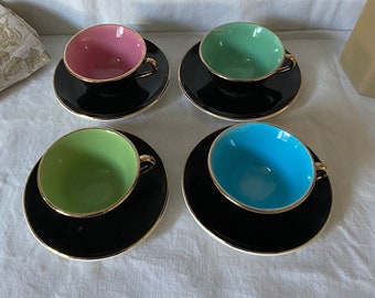 Tasses à café ou thé Digoin Sarreguemines. Vintage France. Tasses noires. Tasses arlequin.