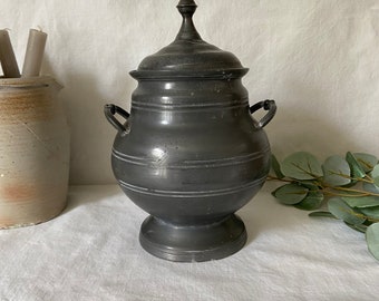 Antique tin pot. Vintage tin soup tureen made in France. France