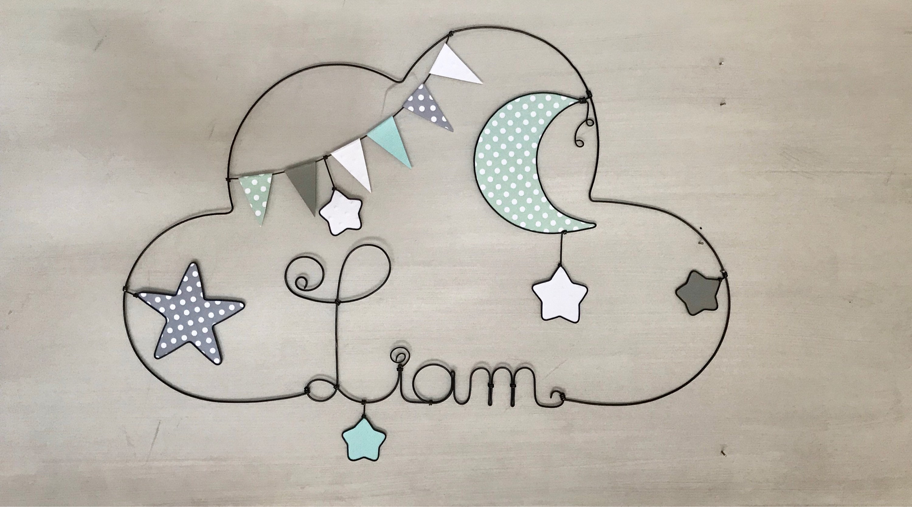 Personalized wire first name - cloud shape 45*30cm - moon and stars - wall decoration for children's room by chacha des etoiles-