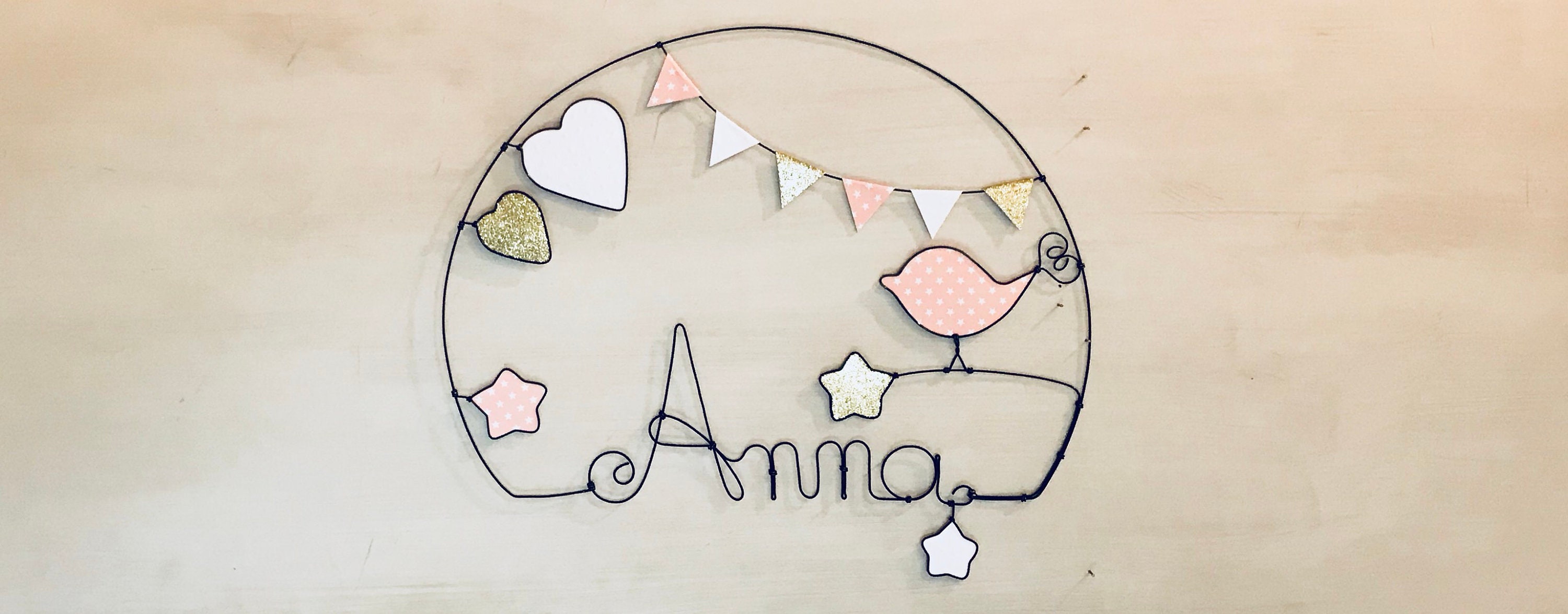 Decoration Chambre Enfant - Prénom en Fil de Fer Personnalisable Oiseau, Coeurs et Étoiles Chacha De