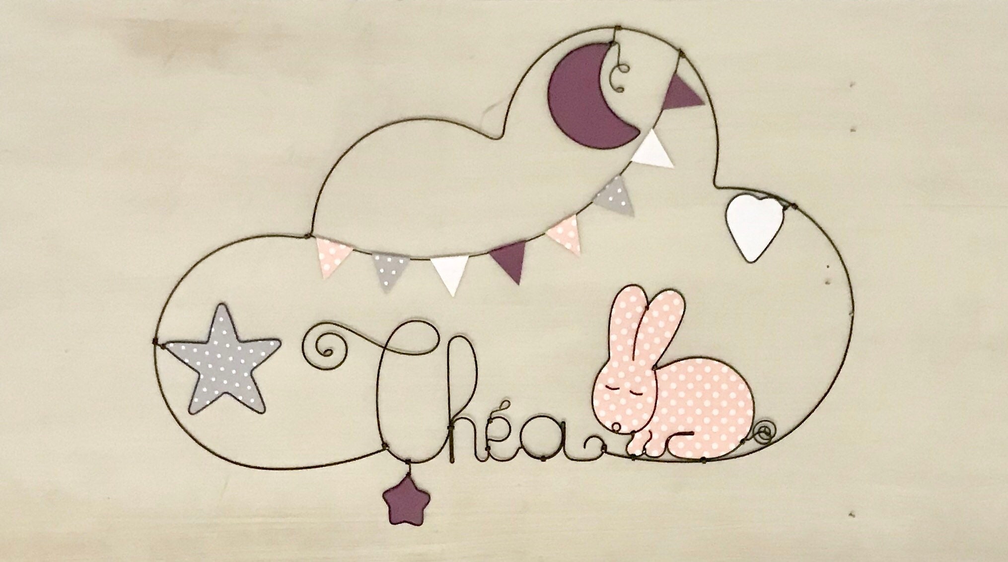 Prenom en Fil de Fer Personnalisable - Petit Lapin Lune et Étoiles Décoration Bébé Enfant Par Chacha