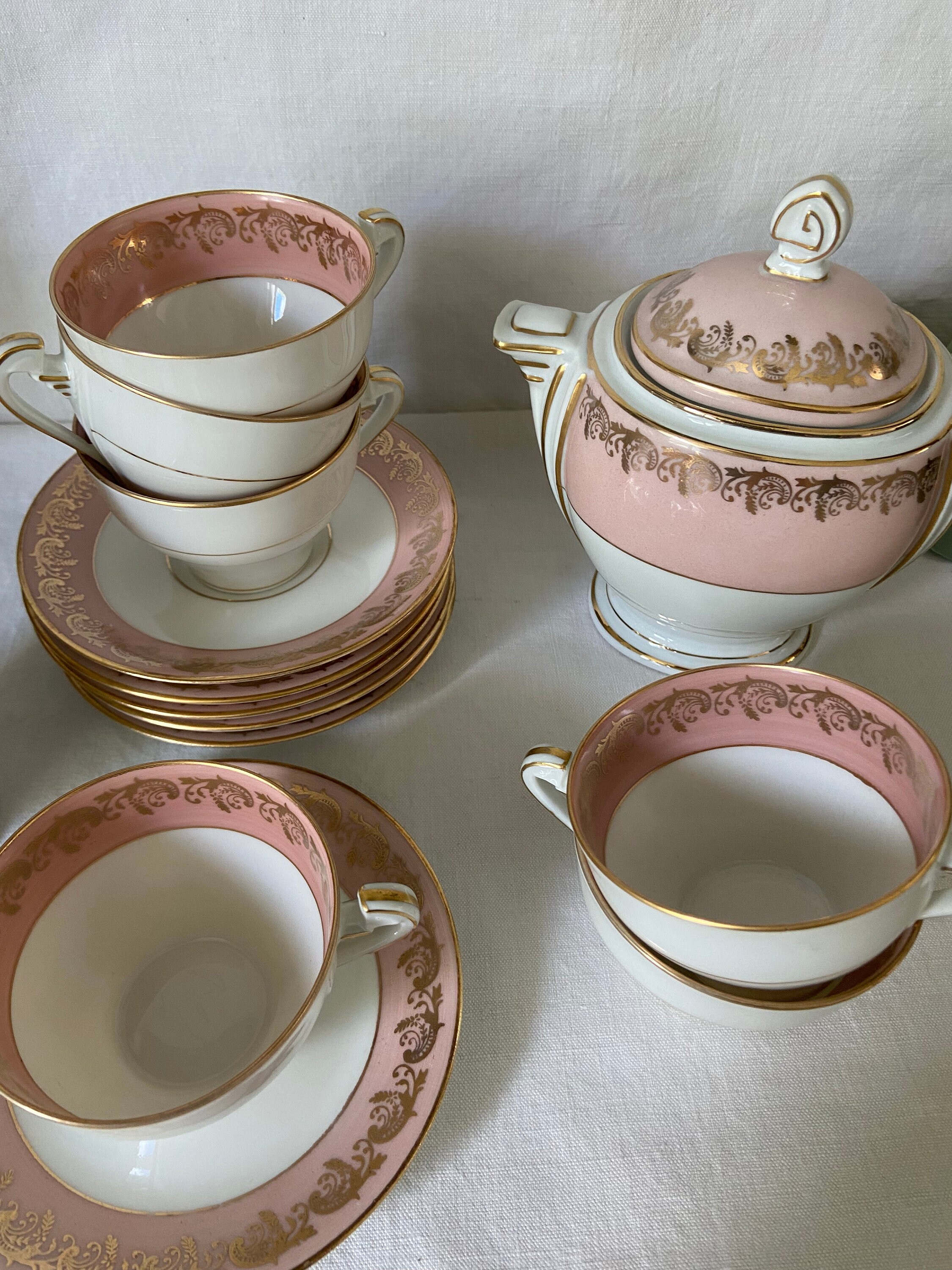 Ancien Service à Café En Porcelaine De Limoges Rose - Décor Fleuri, Style Victorien